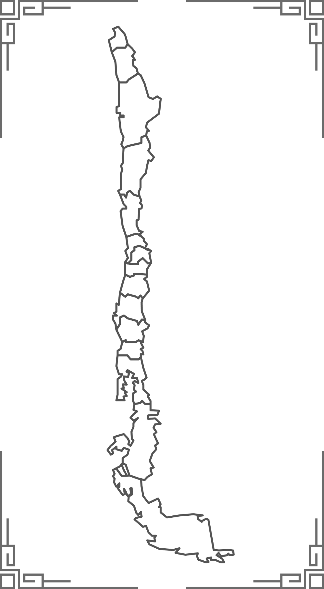 Ilustração minimalista da forma geográfica do Chile com divisões regionais, destacando o território vinícola do país.